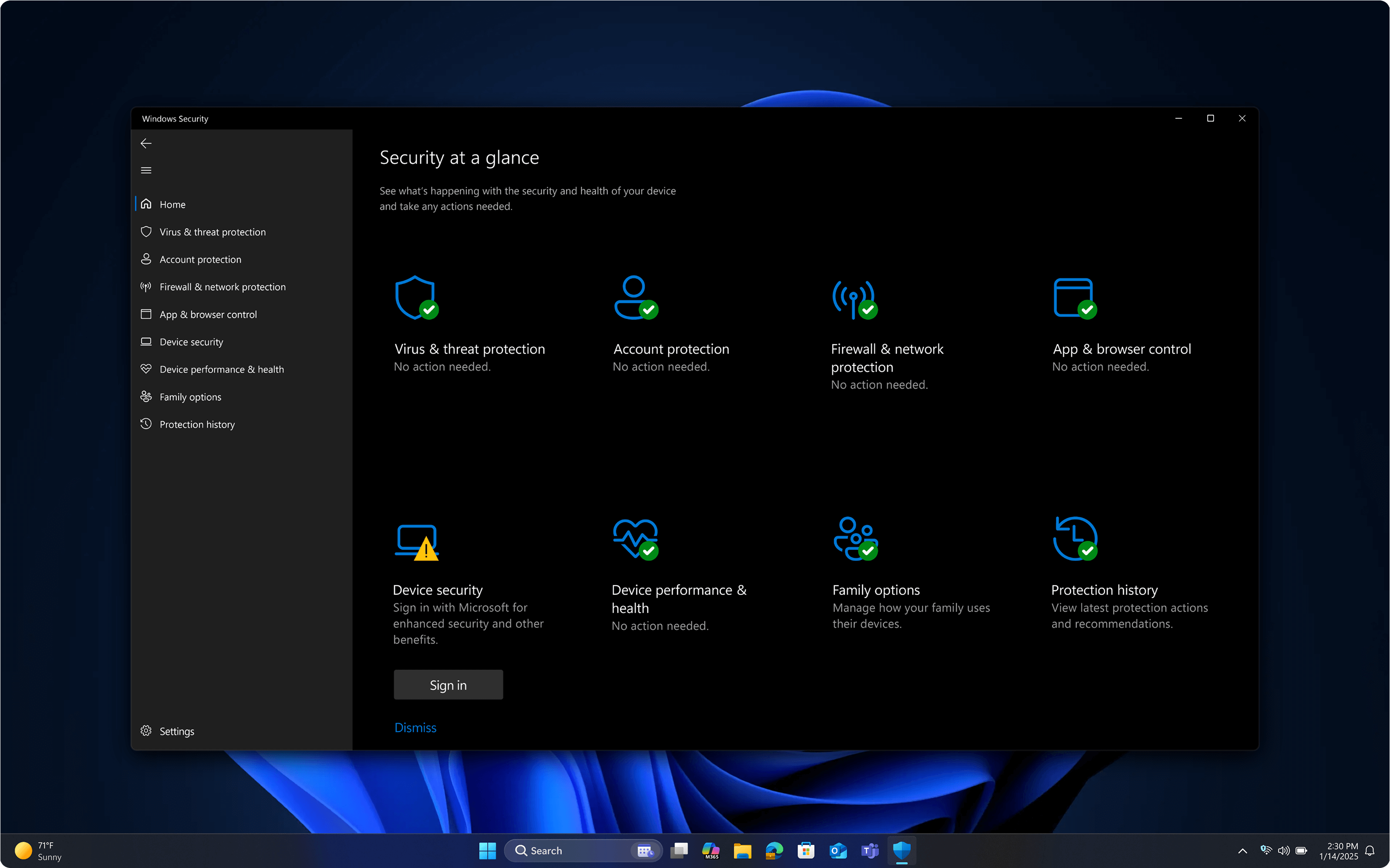 Windows 11 Pro security at-a-glance dashboard